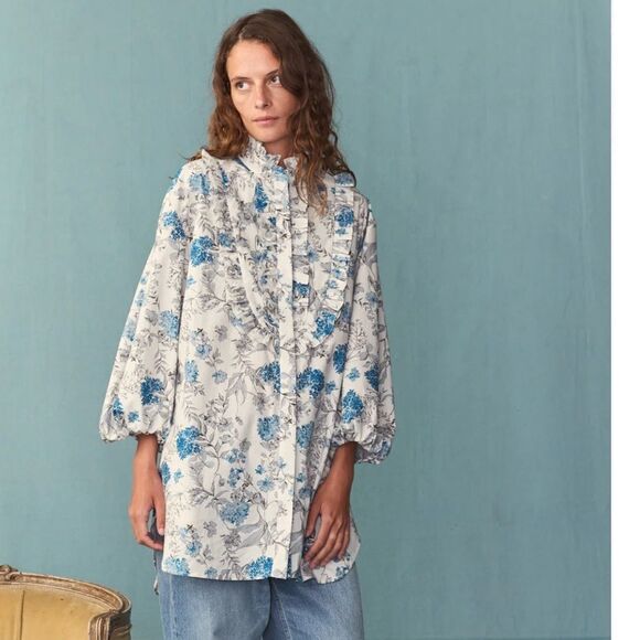 SECULAR LAB  Liberty Print Floral Print White Blue Button Mock Neck Tunic Sz XS - Picture 4 of 14